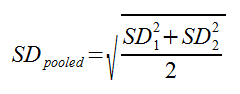 {SD_pooled} = sqrt{{SD_1^2 + SD_2^2} over 2}