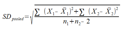 {SD_pooled} = sqrt{{sum{(X_1 - bar X_1)^2}+sum{(X_2 - bar X_2)^2}} over {n_1 + n_2 - 2}}